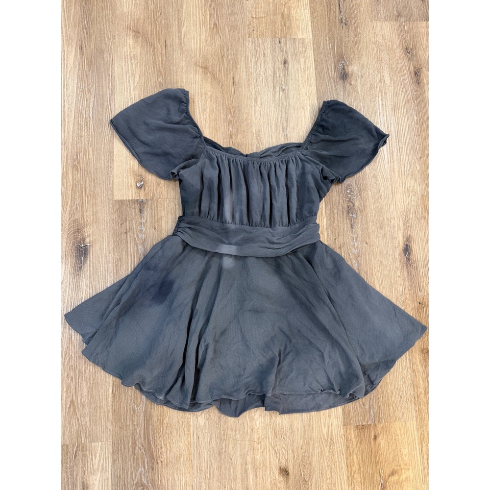Women L Charcoal Grey Tie Back Flutter Sleeve Mini Dress Coquette Fairy